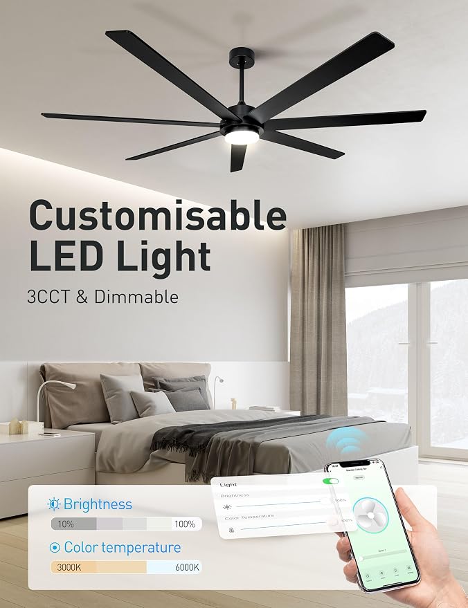 72 Inch Wood Black Smart Ceiling Fan with Light and Remote via WiFi Alexa APP Control,6 Speed Quiet DC Motor,Dimmable,Indoor