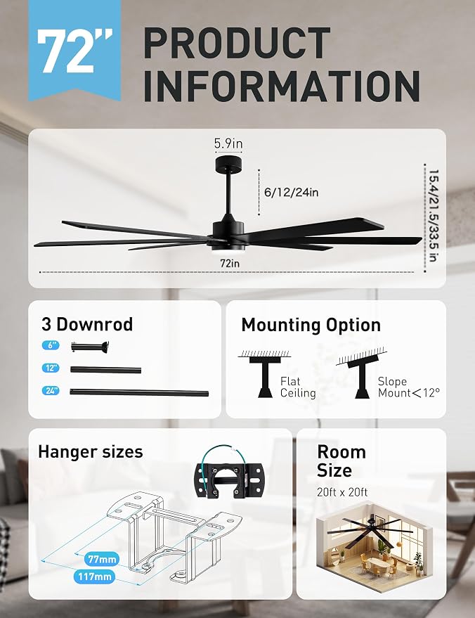 72 Inch Wood Black Smart Ceiling Fan with Light and Remote via WiFi Alexa APP Control,6 Speed Quiet DC Motor,Dimmable,Indoor