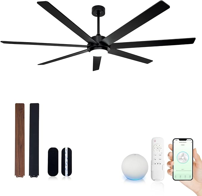 72 Inch Wood Black Smart Ceiling Fan with Light and Remote via WiFi Alexa APP Control,6 Speed Quiet DC Motor,Dimmable,Indoor