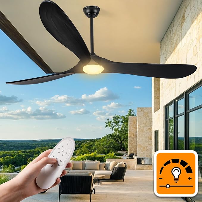 72 Inch Wood Ceiling Fans with Lights and Remote Control, Outdoor Ceiling Fan with Light Solid Wood Modern Black Large