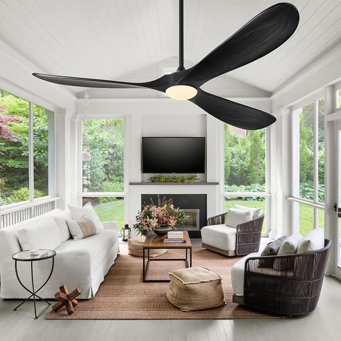 72 Inch Wood Ceiling Fans with Lights and Remote Control, Outdoor Ceiling Fan with Light Solid Wood Modern Black Large