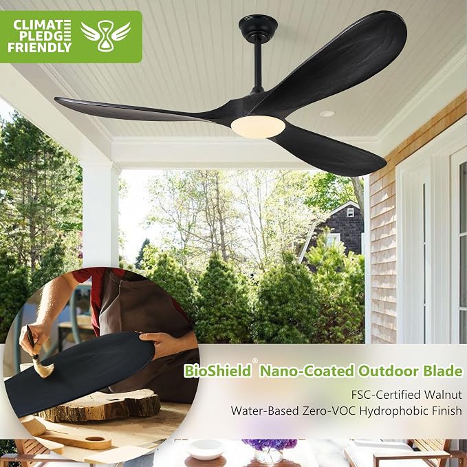 72 Inch Wood Ceiling Fans with Lights and Remote Control, Outdoor Ceiling Fan with Light Solid Wood Modern Black Large