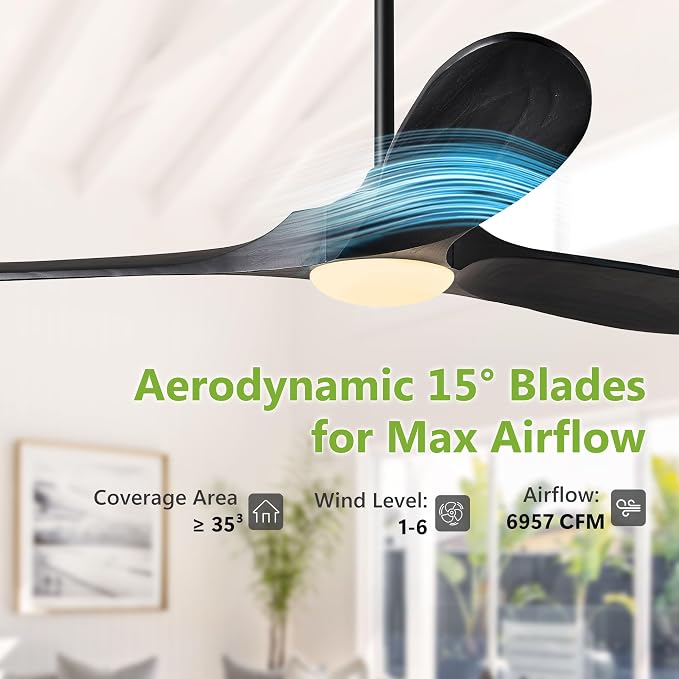72 Inch Wood Ceiling Fans with Lights and Remote Control, Outdoor Ceiling Fan with Light Solid Wood Modern Black Large