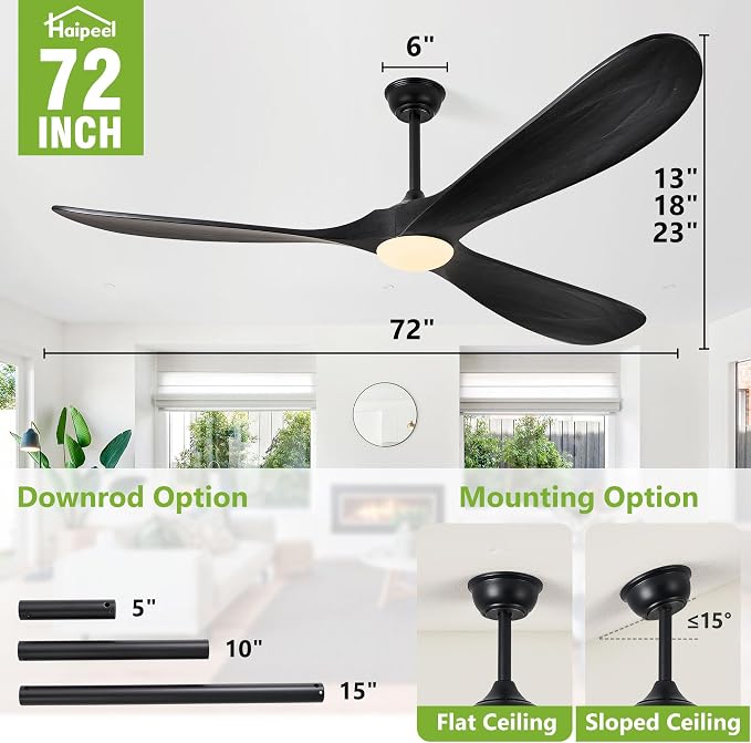 72 Inch Wood Ceiling Fans with Lights and Remote Control, Outdoor Ceiling Fan with Light Solid Wood Modern Black Large