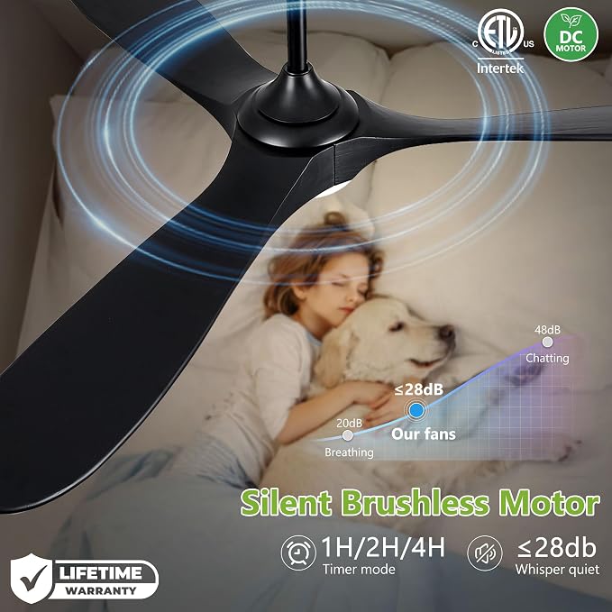 72 Inch Wood Ceiling Fans with Lights and Remote Control, Outdoor Ceiling Fan with Light Solid Wood Modern Black Large