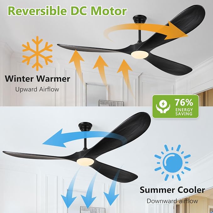 72 Inch Wood Ceiling Fans with Lights and Remote Control, Outdoor Ceiling Fan with Light Solid Wood Modern Black Large