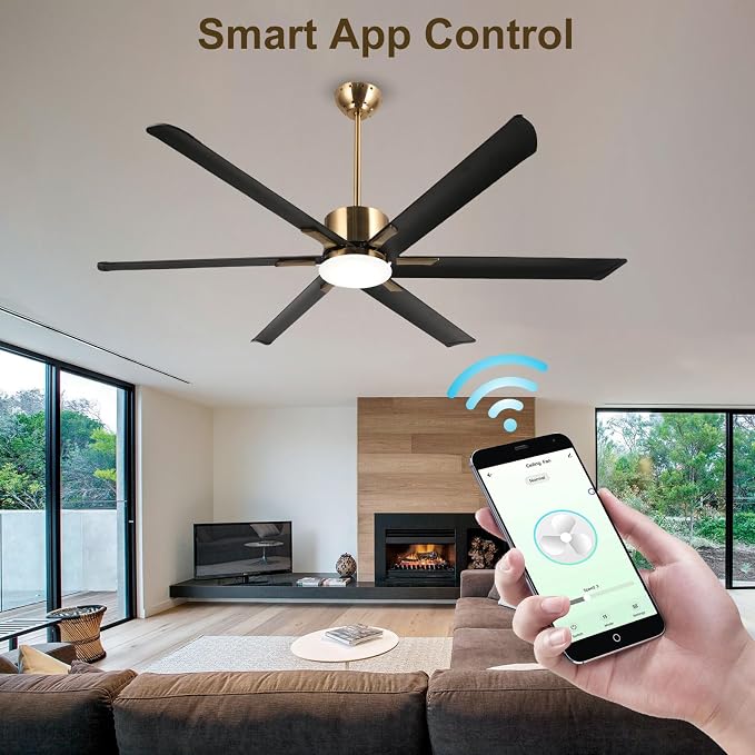 72" Indoor Outdoor Black Gold 6 Aluminum Metal Blades Extra Large Modern DC Ceiling Fan with Dimming LED Light Kit, 6 Speeds