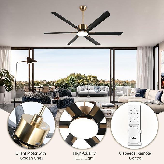 72" Indoor Outdoor Black Gold 6 Aluminum Metal Blades Extra Large Modern DC Ceiling Fan with Dimming LED Light Kit, 6 Speeds