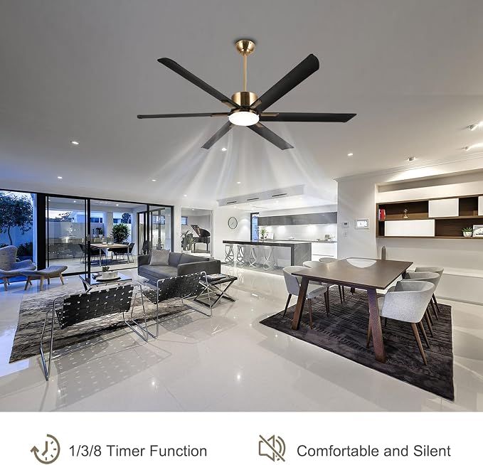 72" Indoor Outdoor Black Gold 6 Aluminum Metal Blades Extra Large Modern DC Ceiling Fan with Dimming LED Light Kit, 6 Speeds