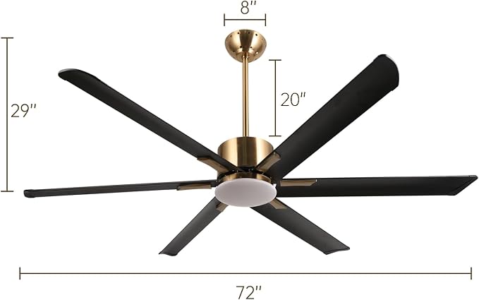 72" Indoor Outdoor Black Gold 6 Aluminum Metal Blades Extra Large Modern DC Ceiling Fan with Dimming LED Light Kit, 6 Speeds