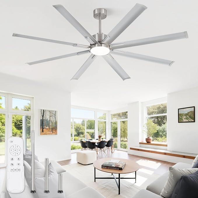 72" Industrial Ceiling Fans with Lights, Large Ceiling Fan with 3CCT, 8 Reverisble Aluminum Blades, Quiet DC Motor, 6-Speed