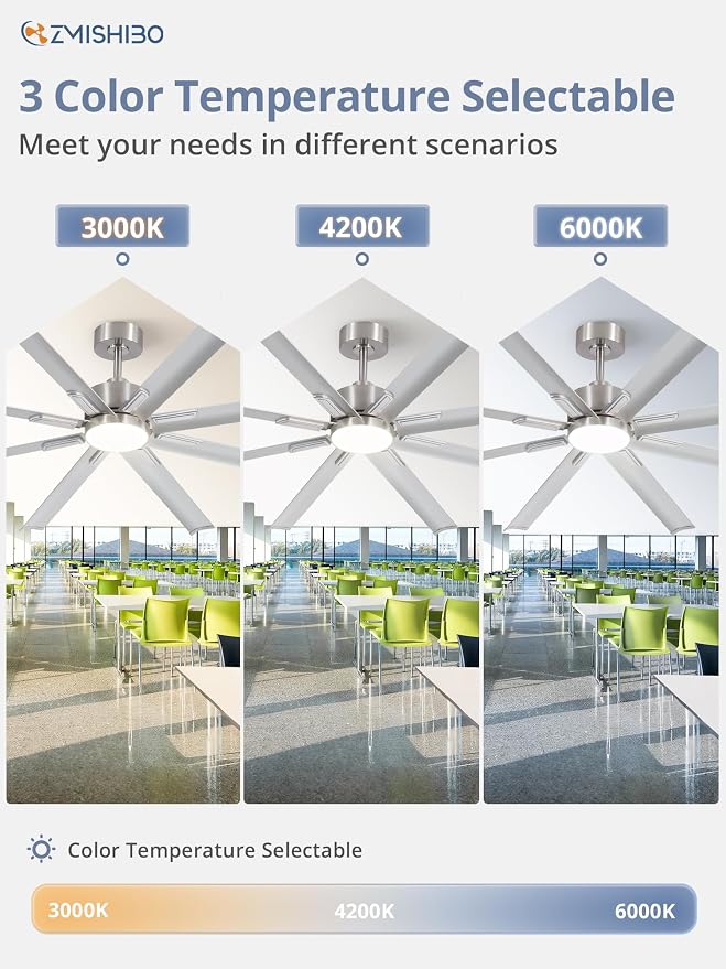 72" Industrial Ceiling Fans with Lights, Large Ceiling Fan with 3CCT, 8 Reverisble Aluminum Blades, Quiet DC Motor, 6-Speed