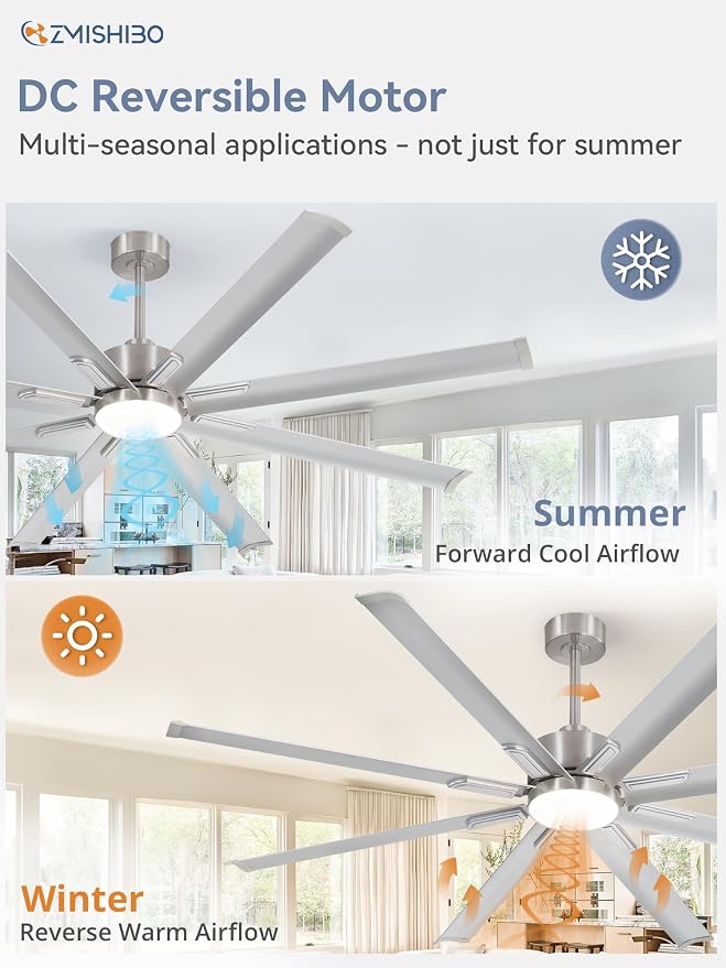 72" Industrial Ceiling Fans with Lights, Large Ceiling Fan with 3CCT, 8 Reverisble Aluminum Blades, Quiet DC Motor, 6-Speed