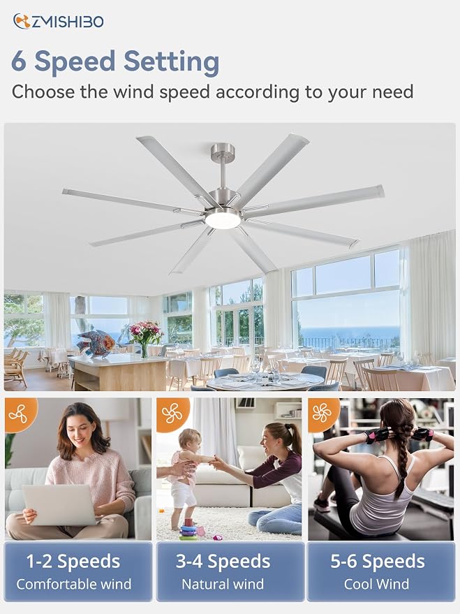 72" Industrial Ceiling Fans with Lights, Large Ceiling Fan with 3CCT, 8 Reverisble Aluminum Blades, Quiet DC Motor, 6-Speed