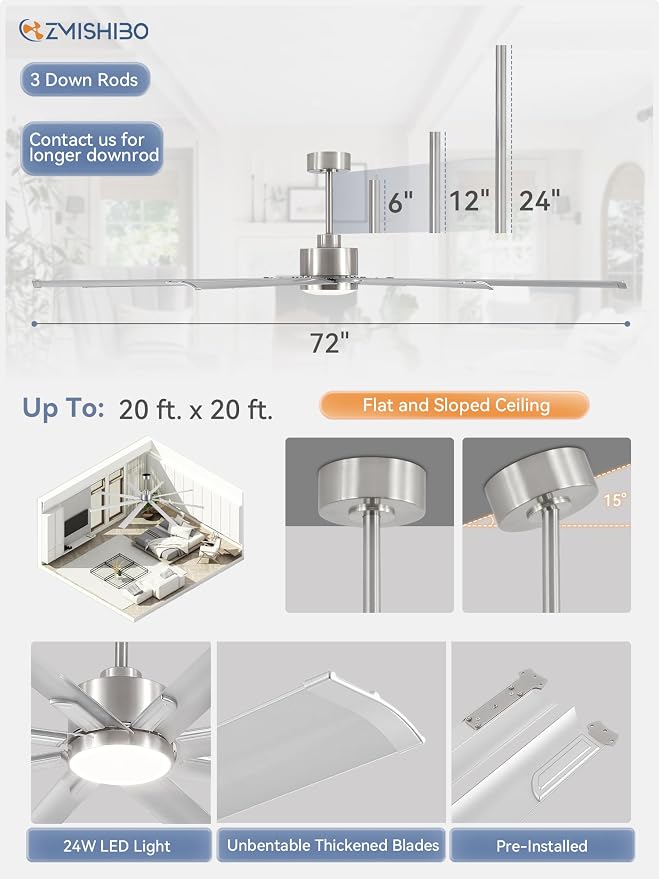 72" Industrial Ceiling Fans with Lights, Large Ceiling Fan with 3CCT, 8 Reverisble Aluminum Blades, Quiet DC Motor, 6-Speed