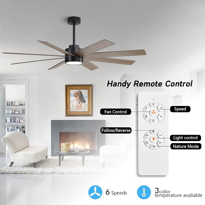 72" Large DC Ceiling Fans with Lights and Remote, 3 Downrods, 8 Plywood Blades, 6-Speeds Reversible DC Motor, 3CCT, Indoor