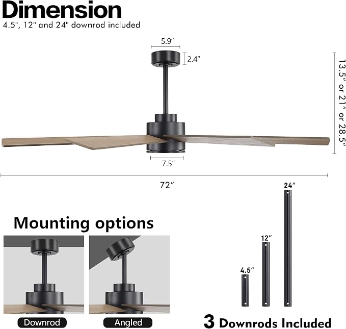 72" Large DC Ceiling Fans with Lights and Remote, 3 Downrods, 8 Plywood Blades, 6-Speeds Reversible DC Motor, 3CCT, Indoor