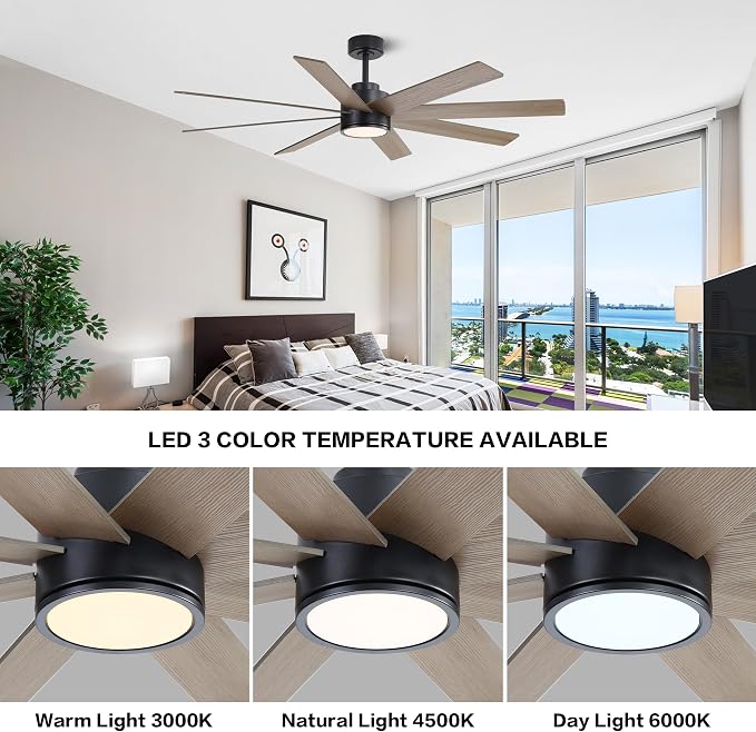 72" Large DC Ceiling Fans with Lights and Remote, 3 Downrods, 8 Plywood Blades, 6-Speeds Reversible DC Motor, 3CCT, Indoor