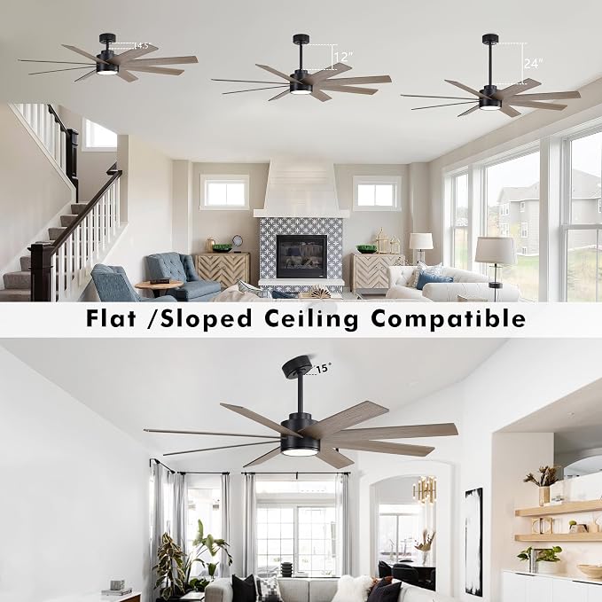 72" Large DC Ceiling Fans with Lights and Remote, 3 Downrods, 8 Plywood Blades, 6-Speeds Reversible DC Motor, 3CCT, Indoor