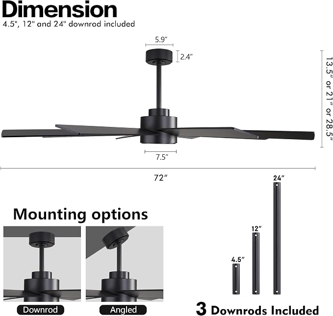 72" Large DC Ceiling Fans without Lights, 3 Downrods, 8 Plywood Blades, 6-Speeds Reversible DC Motor, Indoor Ceiling Fan No