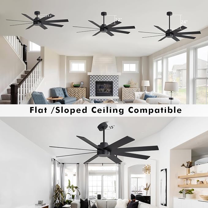 72" Large DC Ceiling Fans without Lights, 3 Downrods, 8 Plywood Blades, 6-Speeds Reversible DC Motor, Indoor Ceiling Fan No