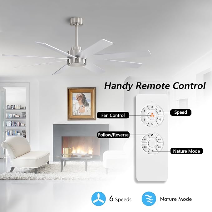 72" Large DC Ceiling Fans without Lights, 3 Downrods, 8 Plywood Blades, 6-Speeds Reversible DC Motor, Indoor Ceiling Fan No