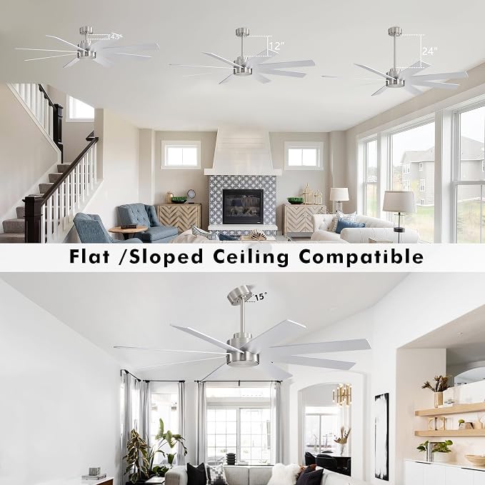 72" Large DC Ceiling Fans without Lights, 3 Downrods, 8 Plywood Blades, 6-Speeds Reversible DC Motor, Indoor Ceiling Fan No