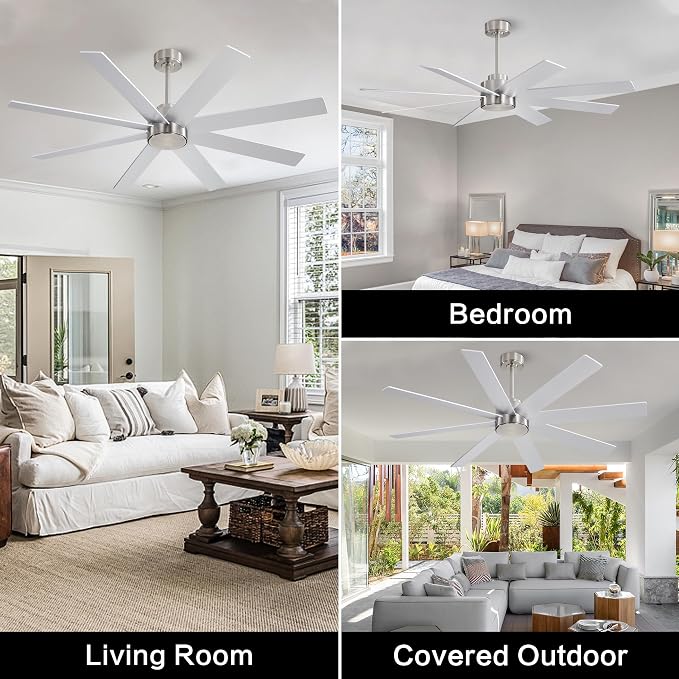 72" Large DC Ceiling Fans without Lights, 3 Downrods, 8 Plywood Blades, 6-Speeds Reversible DC Motor, Indoor Ceiling Fan No