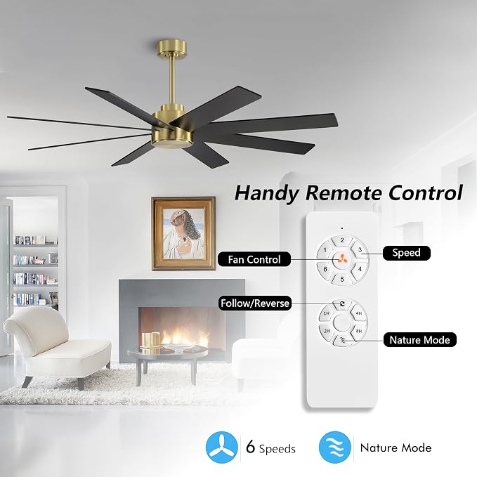 72" Large DC Ceiling Fans without Lights, 3 Downrods, 8 Plywood Blades, 6-Speeds Reversible DC Motor, Indoor Ceiling Fan No