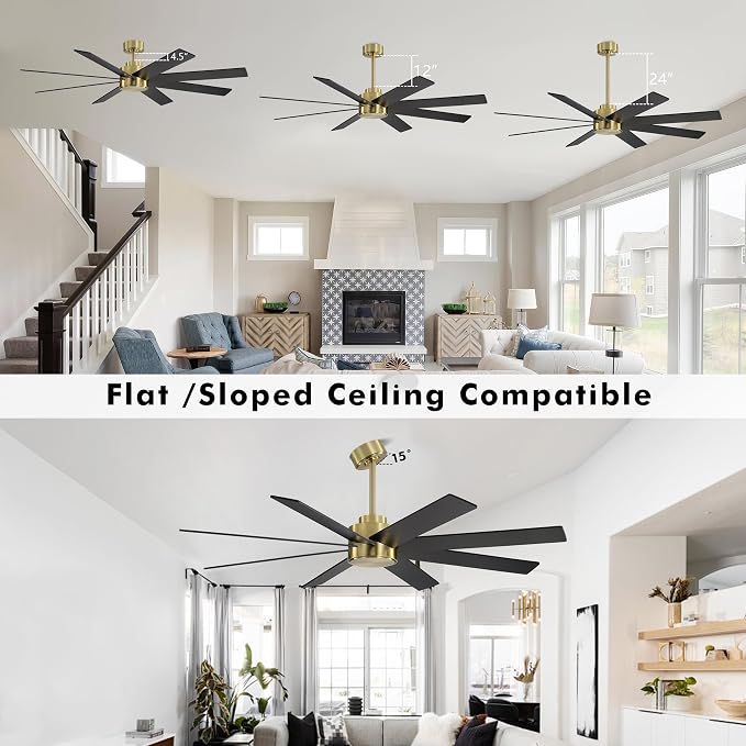 72" Large DC Ceiling Fans without Lights, 3 Downrods, 8 Plywood Blades, 6-Speeds Reversible DC Motor, Indoor Ceiling Fan No