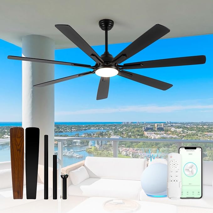 72" Large Smart Ceiling Fan with Light Remote Control via WiFi Alexa,6-Speeds Quiet DC Motor,Dimmable,Indoor Outdoor Black