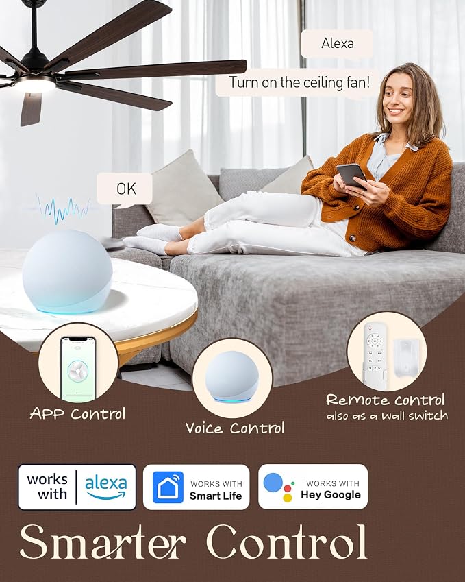 72" Large Smart Ceiling Fan with Light Remote Control via WiFi Alexa,6-Speeds Quiet DC Motor,Dimmable,Indoor Outdoor Black