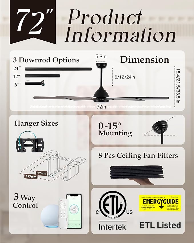 72" Large Smart Ceiling Fan with Light Remote Control via WiFi Alexa,6-Speeds Quiet DC Motor,Dimmable,Indoor Outdoor Black