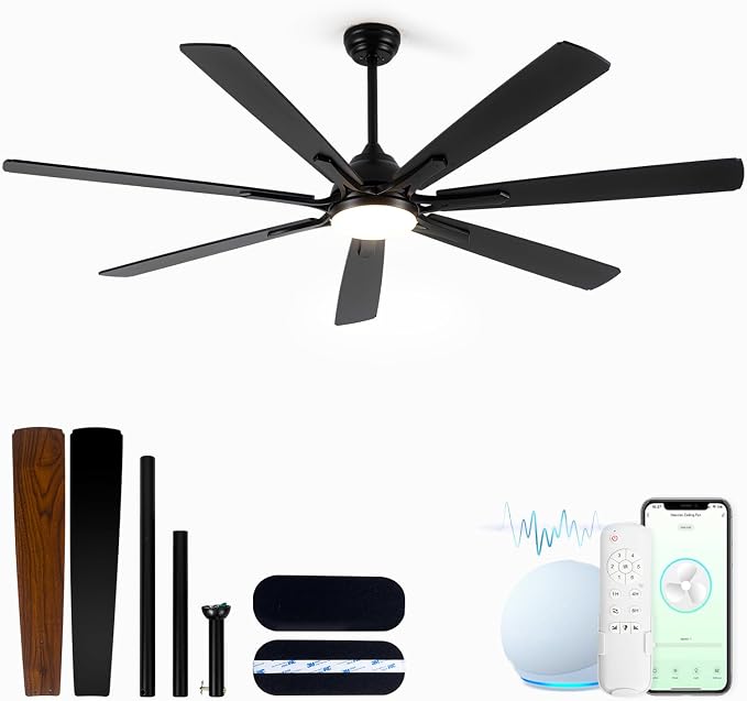 72" Large Smart Ceiling Fan with Light Remote Control via WiFi Alexa,6-Speeds Quiet DC Motor,Dimmable,Indoor Outdoor Black