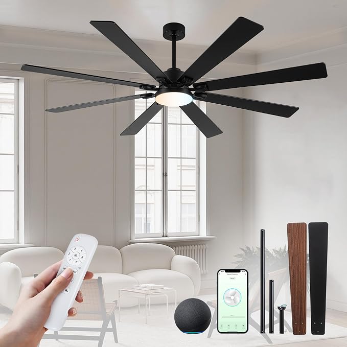 72 Large Smart Ceiling Fan with Lights and Remote,Black Indoor & Outdoor Ceiling Fan for Living Room,Patio,6 Speed,Quiet DC