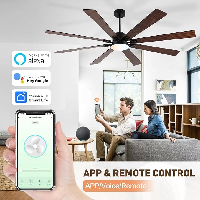 72 Large Smart Ceiling Fan with Lights and Remote,Black Indoor & Outdoor Ceiling Fan for Living Room,Patio,6 Speed,Quiet DC