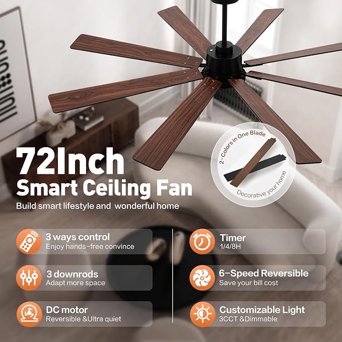 72 Large Smart Ceiling Fan with Lights and Remote,Black Indoor & Outdoor Ceiling Fan for Living Room,Patio,6 Speed,Quiet DC
