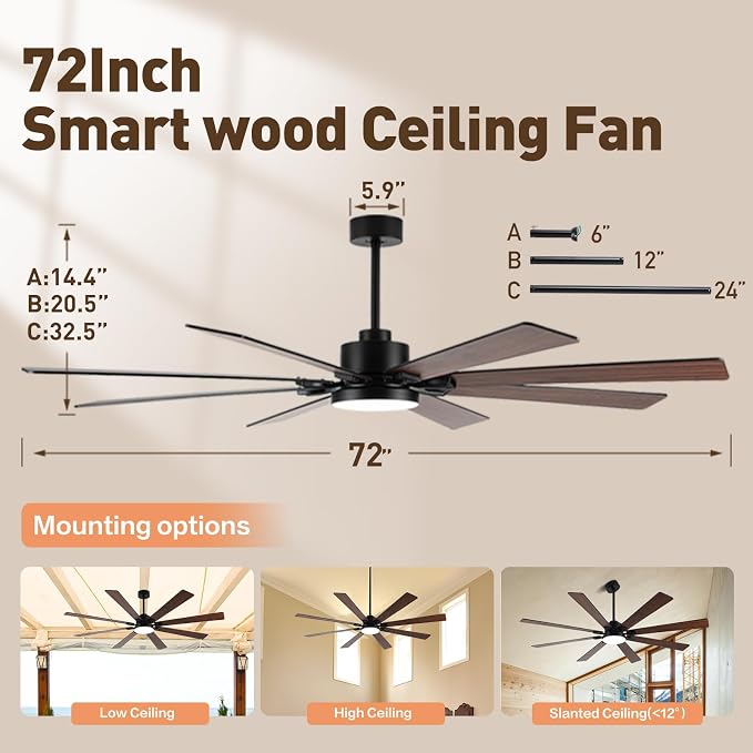 72 Large Smart Ceiling Fan with Lights and Remote,Black Indoor & Outdoor Ceiling Fan for Living Room,Patio,6 Speed,Quiet DC