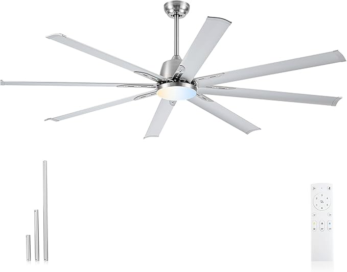 72 lnch lndustrial Celing Fan with Light and Remote Control, Large Celing Fan with 8 Brushed Nickel Aluminum