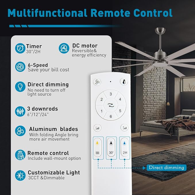 72 lnch lndustrial Celing Fan with Light and Remote Control, Large Celing Fan with 8 Brushed Nickel Aluminum, alternate view