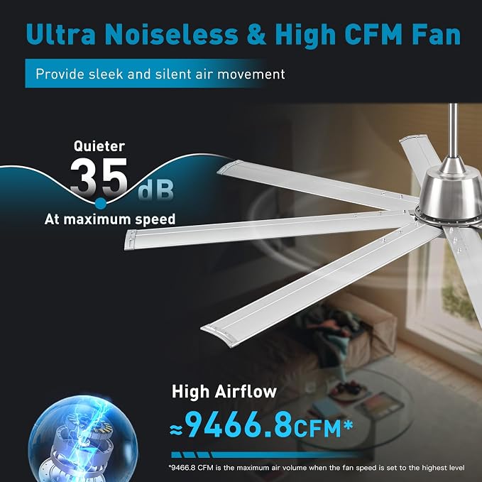 72 lnch lndustrial Celing Fan with Light and Remote Control, Large Celing Fan with 8 Brushed Nickel Aluminum, alternate view