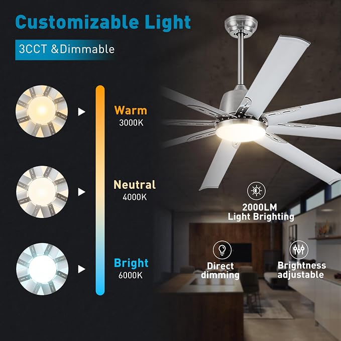 72 lnch lndustrial Celing Fan with Light and Remote Control, Large Celing Fan with 8 Brushed Nickel Aluminum, alternate view