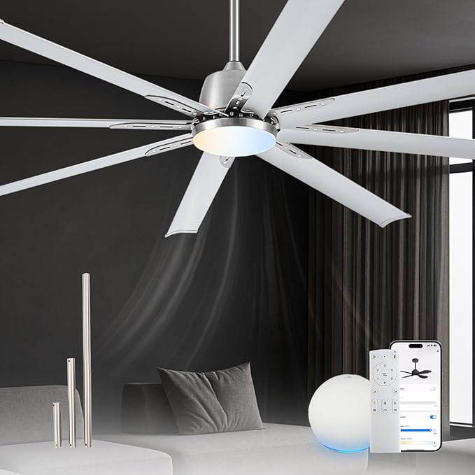 72 lnch lndustrial Smart Celing Fan with Light and Remote Control via WIFI Alexa,Large Celing Fan with 8 Brushed Nickel