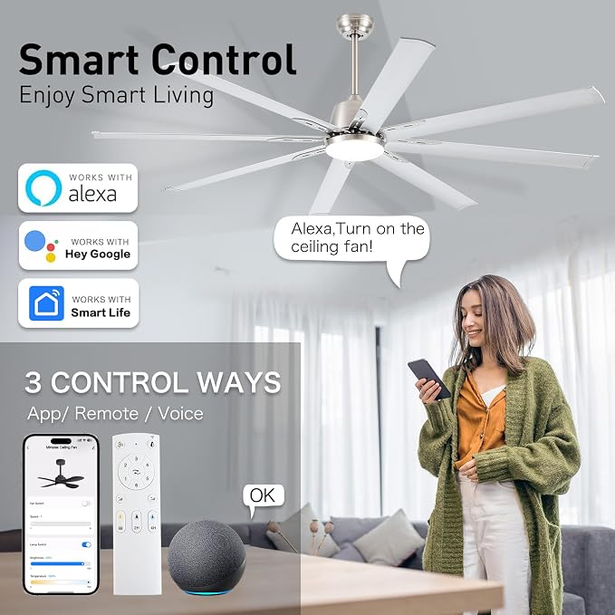 72 lnch lndustrial Smart Celing Fan with Light and Remote Control via WIFI Alexa,Large Celing Fan with 8 Brushed Nickel