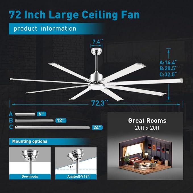 72 lnch lndustrial Smart Celing Fan with Light and Remote Control via WIFI Alexa,Large Celing Fan with 8 Brushed Nickel