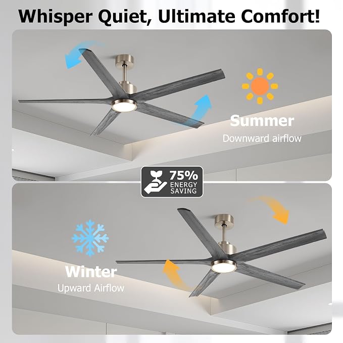 72'' Outdoor Ceiling Fan for Patios, Solid Wood Gray Ceiling Fans with Lights, Large High CFM Farmhouse Fan, Quiet Reversible
