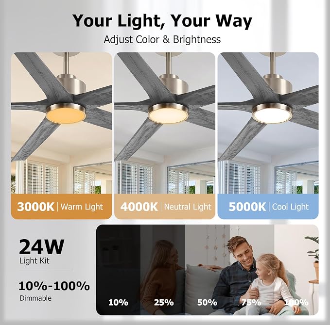 72'' Outdoor Ceiling Fan for Patios, Solid Wood Gray Ceiling Fans with Lights, Large High CFM Farmhouse Fan, Quiet Reversible