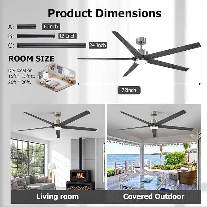72'' Outdoor Ceiling Fan for Patios, Solid Wood Gray Ceiling Fans with Lights, Large High CFM Farmhouse Fan, Quiet Reversible