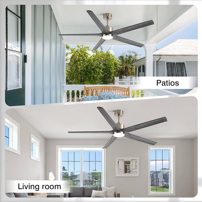 72'' Outdoor Ceiling Fan for Patios, Solid Wood Gray Ceiling Fans with Lights, Large High CFM Farmhouse Fan, Quiet Reversible