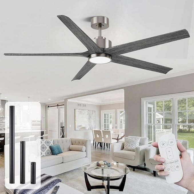 72'' Outdoor Ceiling Fan for Patios, Solid Wood Gray Ceiling Fans with Lights, Large High CFM Farmhouse Fan, Quiet Reversible